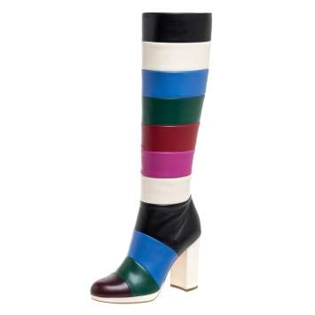 Pre Owned Valentino Multicolor Leather Colorblock Zip Knee Length Boots Size 37