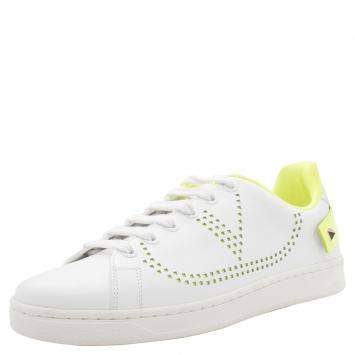 Pre Owned Valentino White/Florescent Green V-Logo Leather Sneakers Size 38.5