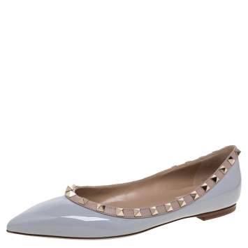 Pre Owned Valentino Pastel Grey/Beige Patent Leather Rockstud Trim Pointed Toe Ballet Flats Size 38.5