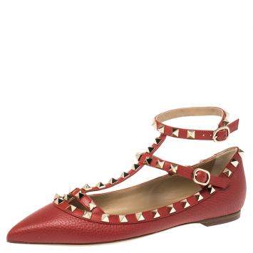 Pre Owned Valentino Red Leather Rockstud Embellished Ankle Strap Pointed Toe Ballet Flats Size 38