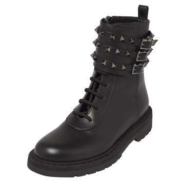 Pre Owned Valentino Black Leather Rockstud Combat Boots Size 39
