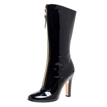 Pre Owned Valentino Black Patent Leather Zip Detail Mid Calf Boots Size 38