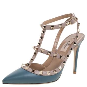 Pre Owned Valentino Teal Leather Rockstud Accents T Strap Sandals Size 38