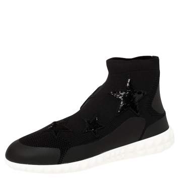Pre Owned Valentino Black Stretch Knit and Sequins Star Embellished High Top Sneakers Size 38