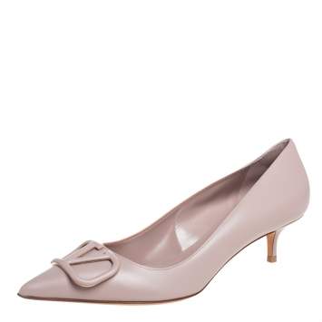 Pre Owned Valentino Nude Leather V Logo Pumps Size 39.5