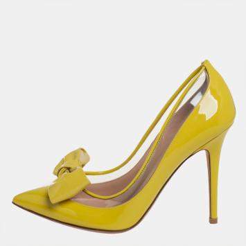 Pre Owned Valentino Yellow Patent Leather And PVC Bow Pointed Toe Pumps Size 39