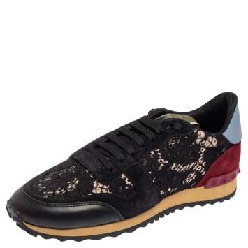 Pre Owned Valentino Black/Red Leather, Lace Rockrunner  Sneakers Size 40