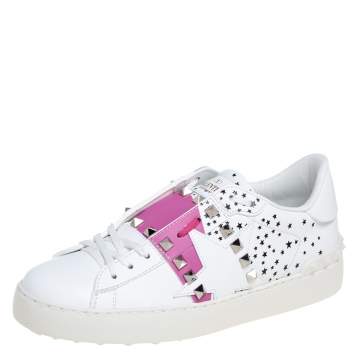 Pre Owned Valentino White/Pink Printed Leather Open Zebra Sneakers Size 37