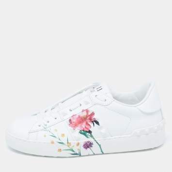 Pre Owned Valentino White Floral Print Leather Rockstud Low-Top Sneakers Size 36