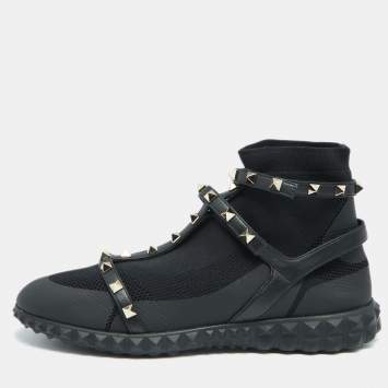 مملوكة مسبقًا Valentino Black Knit and Leather Rockstud Bodytech Sneakers Size 40