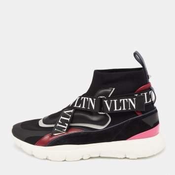 Pre Owned Valentio Garavani Multicolor Knit Fabric And Leather VLTN  High Top Sneakers Size 39