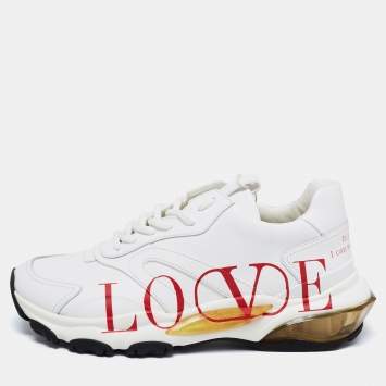 Pre Owned Valentino White Leather Bounce Love Logo Sneakers Size 38.5