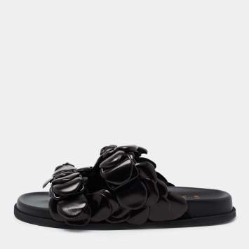 Pre Owned Valentino Black Leather Atelier 03 Rose Edition Flat Slides Size 37