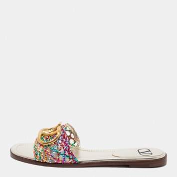 Pre Owned Valentino Multicolor Braided Leather VLOGO Flat Slides Size 38