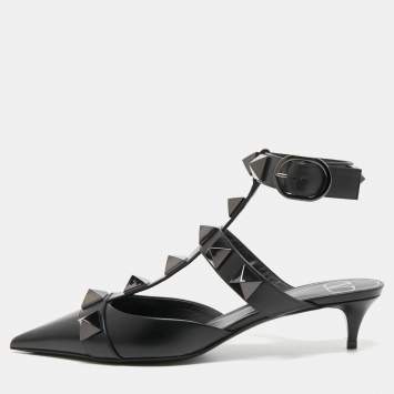 Pre Owned Valentino Black Leather Roman Stud Ankle Strap Pumps Size 39