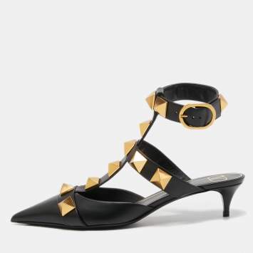 Pre Owned Valentino Black Leather Roman Stud Ankle Strap Pumps Size 39