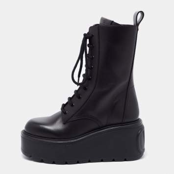 Pre Owned Valentino Black Leather Uniqueform Platform Combat Boots Size 35