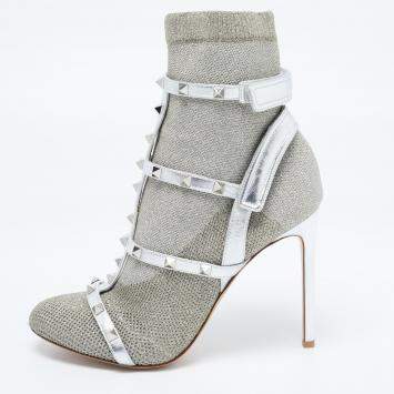 Pre Owned Valentino Silver Leather and Glitter Fabric Rockstud Accents Sock Boots Size 40 