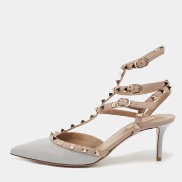Pre Owned Valentino Grey/Beige Patent and Leather Rockstud Pumps Size 41