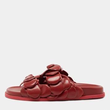 Pre Owned Valentino Dark Red Leather Atelier 03 Rose Edition Flat Slides Size 40