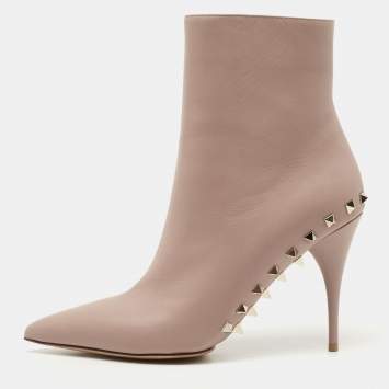 Pre Owned Valentino Beige Leather Rockstud Ankle Boots Size 39.5