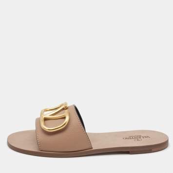 Pre Owned Valentino Beige Leather Escape VLogo Flat Slides Size 38