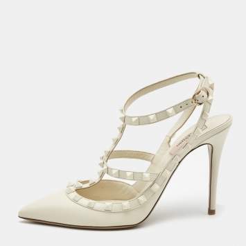 Pre Owned Valentino Cream Leather Rockstud Pumps Size 40.5