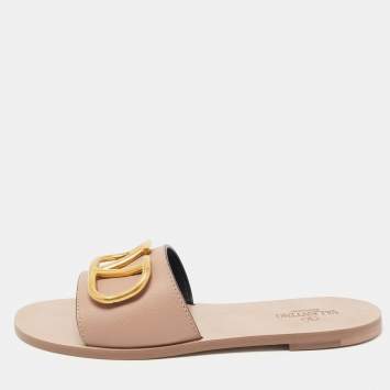 Pre Owned Valentino Dusty Pink Leather Escape VLogo Flat Slides Size 38
