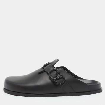 Pre Owned Valentino Black Leather VLogo Sabot Mules Size 42 