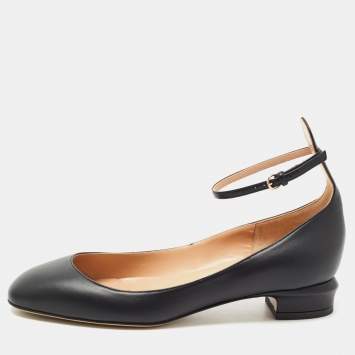 Pre Owned Valentino Black Leather Ankle Strap Ballet Flats Size 38