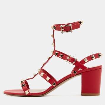 Pre Owned Valentino Red Leather Rockstud Ankle Strap Sandals Size 38