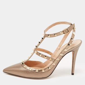 Pre Owned Valentino Metallic Leather Rockstud Strappy Pointed Toe Pumps Size 40.5 