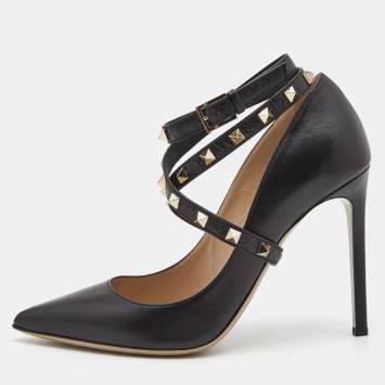 Pre Owned Valentino Black Leather Rockstud  Ankle Wrap Pumps Size 40