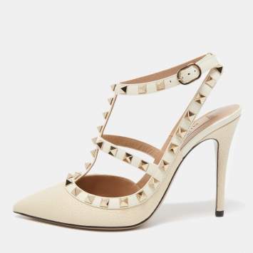 Pre Owned Valentino Cream Leather Rockstud Ankle Strap Pumps Size 36.5
