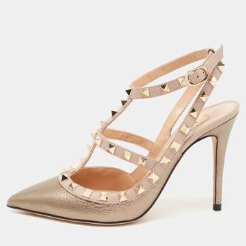 Pre Owned Valentino Metallic/Dusty Pink Leather Rockstud Ankle Strap Pumps Size 36.5