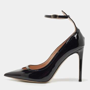 Pre Owned Valentino Black Patent Leather Ankle Cuff Pointed Toe Pumps Size 39