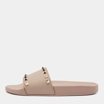 Pre Owned Valentino Green Rubber Rockstud Flat Slides Size 40