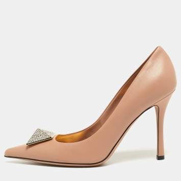 Pre Owned Valentino Beige Leather One Stud Crystals Pumps Size 39