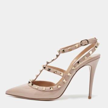 Pre Owned Valentino Powder Pink Patent Leather Rockstud Strappy Pointed Toe Pumps Size 41.5