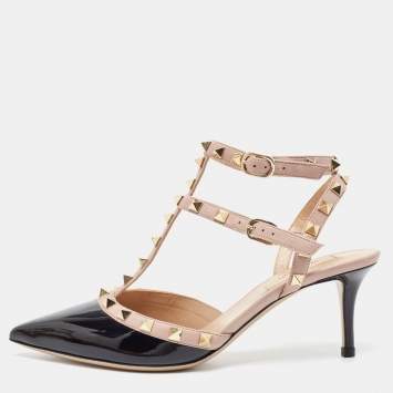 Pre Owned Valentino Black Patent Leather Rockstud Ankle Strap Pumps Size 38