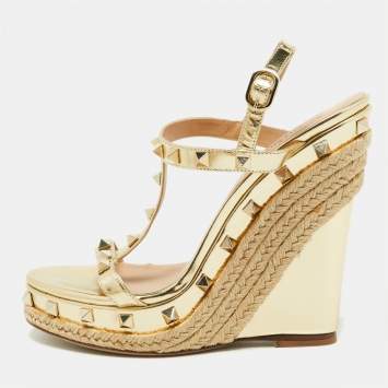 Pre Owned Valentino Gold Leather Rockstud Espadrille Wedge Platform Sandals Size 38.5