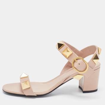 Pre Owned Valentino Pink Leather Roman Stud Ankle Strap Sandals Size 38.5