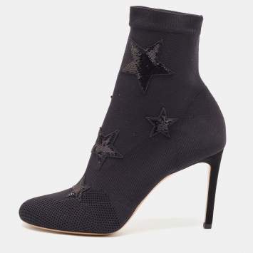 Pre Owned Valentino Black Knit Fabric Star Embellished Sock Boots Size 39