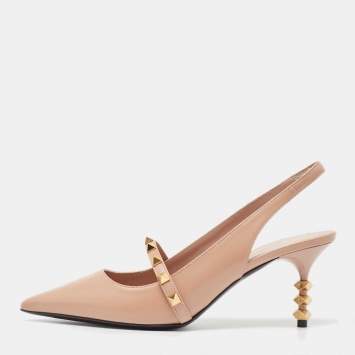 Pre Owned Valentino Beige Leather Rockstud Slingback Pumps Size 38.5