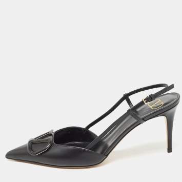 Pre Owned Valentino Black Leather Escape V logo Slingback Pumps Size 41