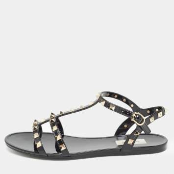 Pre Owned Valentino Black Rubber Rockstud Flat Sandals Size 39
