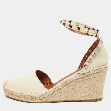 Pre Owned Valentino Cream Leather Rockstud Espadrille Wedge Ankle Wrap Pumps Size 40