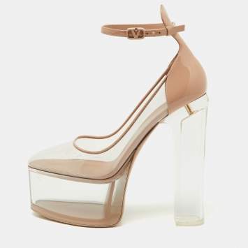 Pre Owned Valentino Transparent/Pink Pvc and Patent Leather Tan-Go Platform Ankle Strap Pumps Size 38