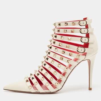 Pre Owned Valentino Cream Patent Leather Caged Ankle Boots Size 38.5