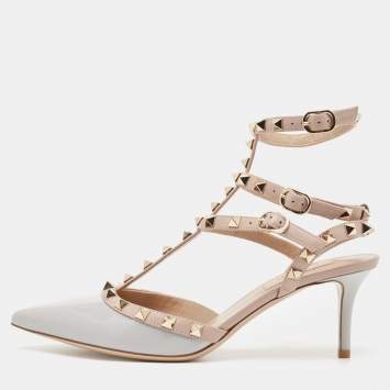Pre Owned Valentino Grey Patent Leather Rockstud Ankle Strap Pumps Size 38.5